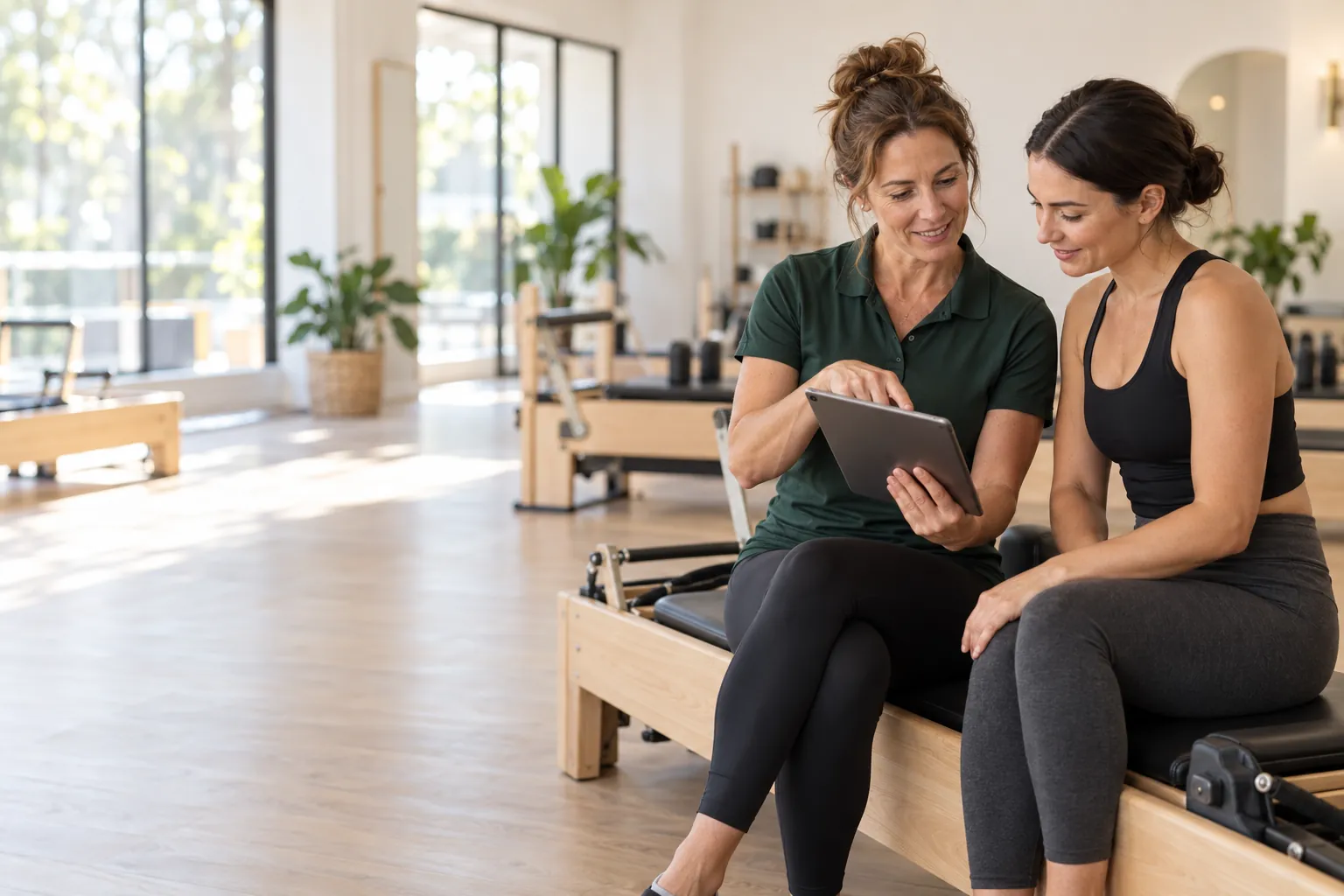 The instructor shows the client her results on the tablet
