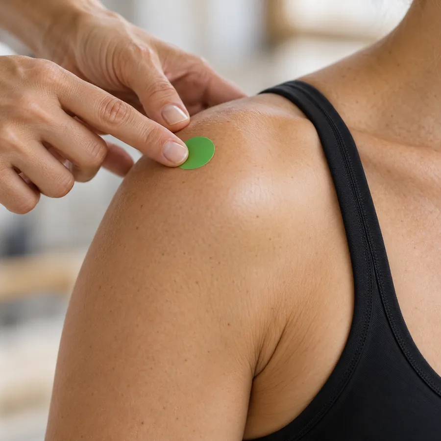 An instructor places a green sticker on the top of a client's shoulder