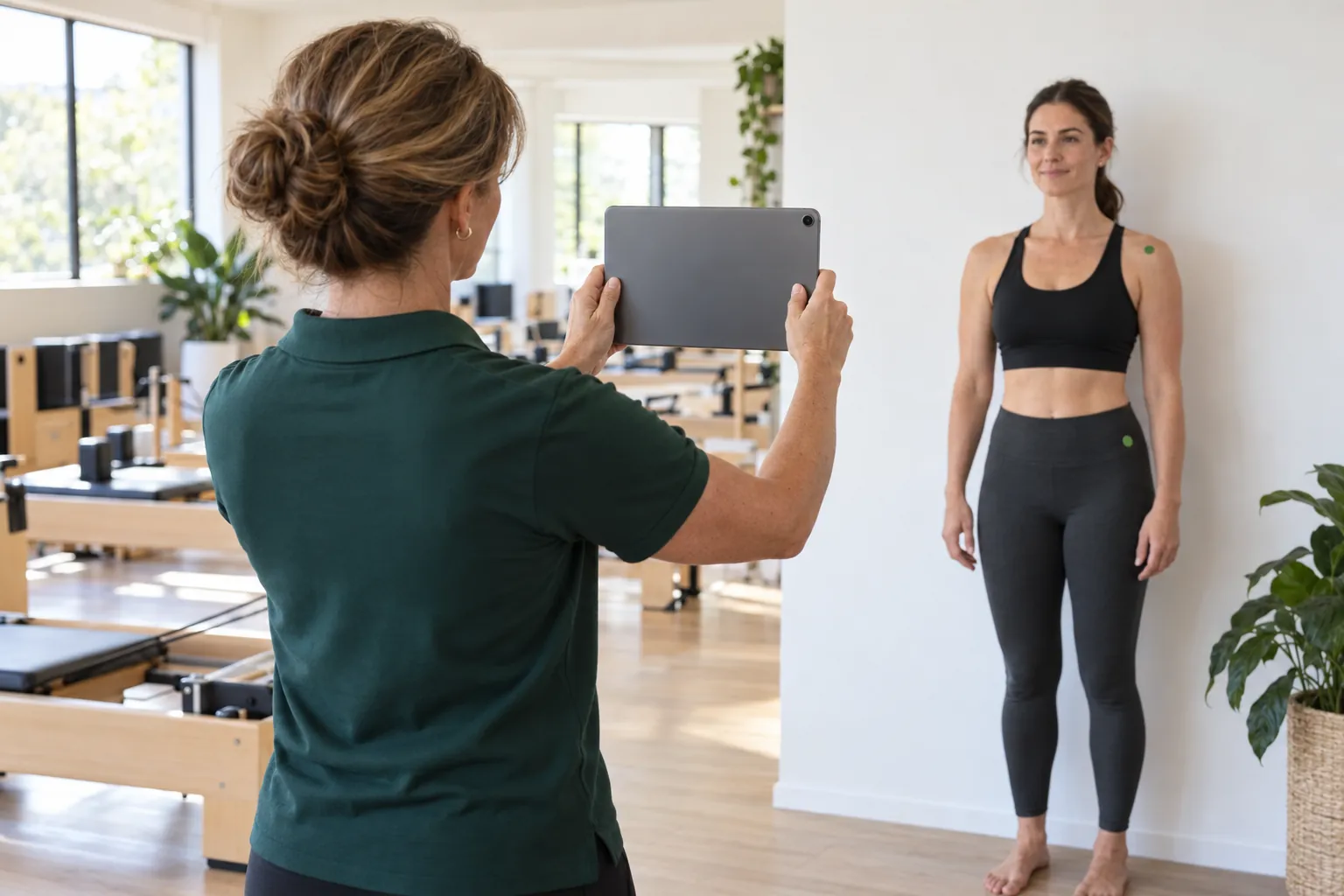 An instructor photographs the client with a tablet