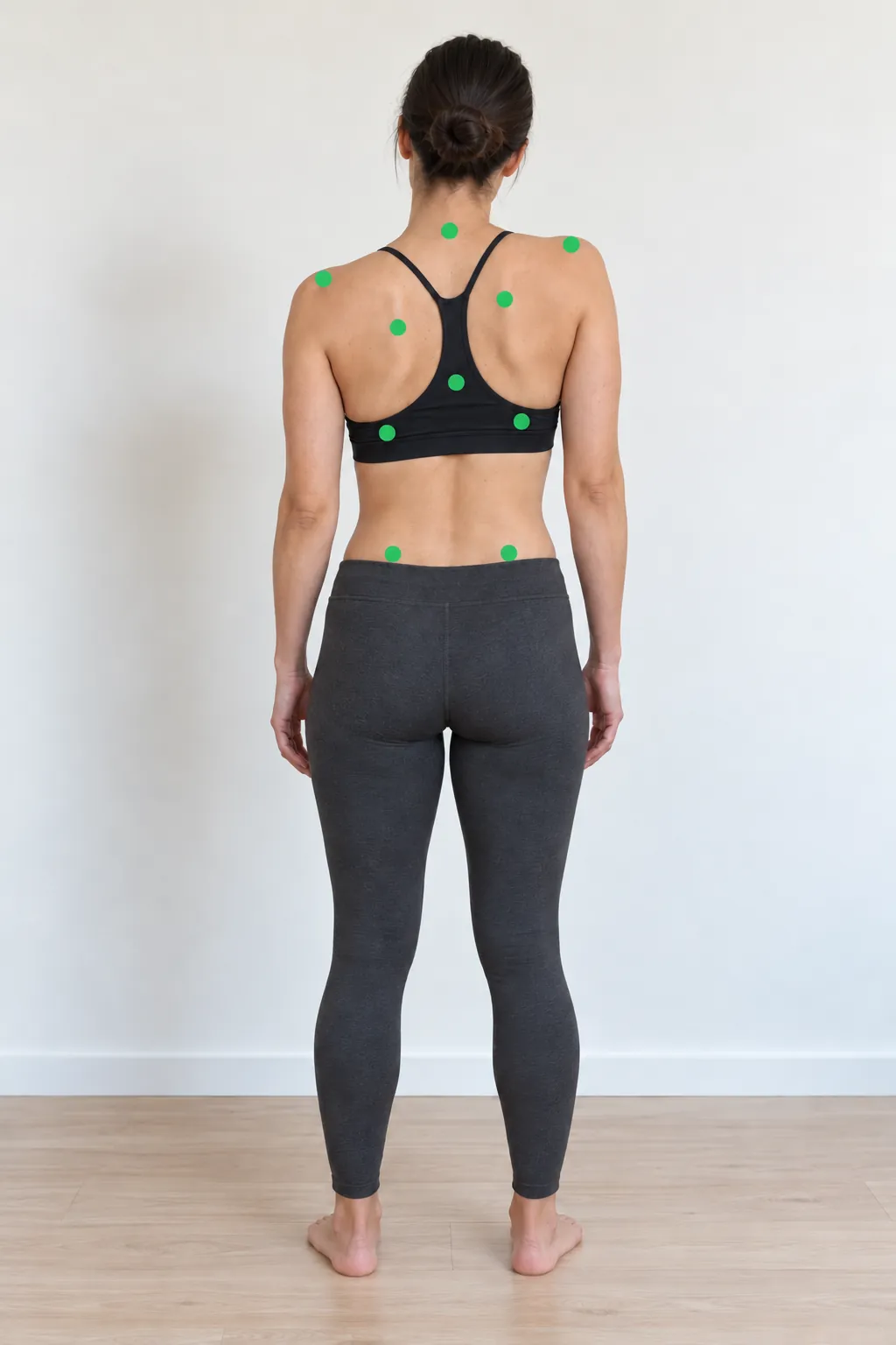 A client from behind with ten green stickers. Her right shoulder sits higher.